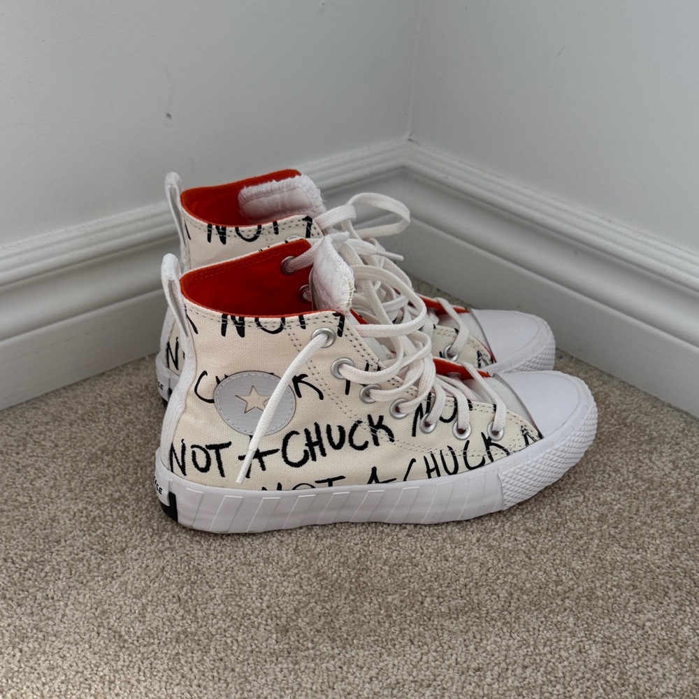 Converse Kids High-Top Sneakers - White with Black Text and Red Interior
